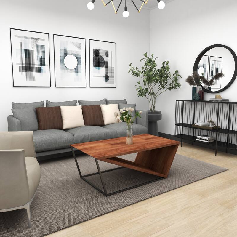 Brown Wood Diagonal Open Frame Living Room Coffee Table with Gray Metal Base