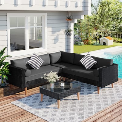 4 Piece Outdoor Furniture Set, All Weather Conversation Set, L-Shape Wicker Sofa Set with Pillows and Coffee Table