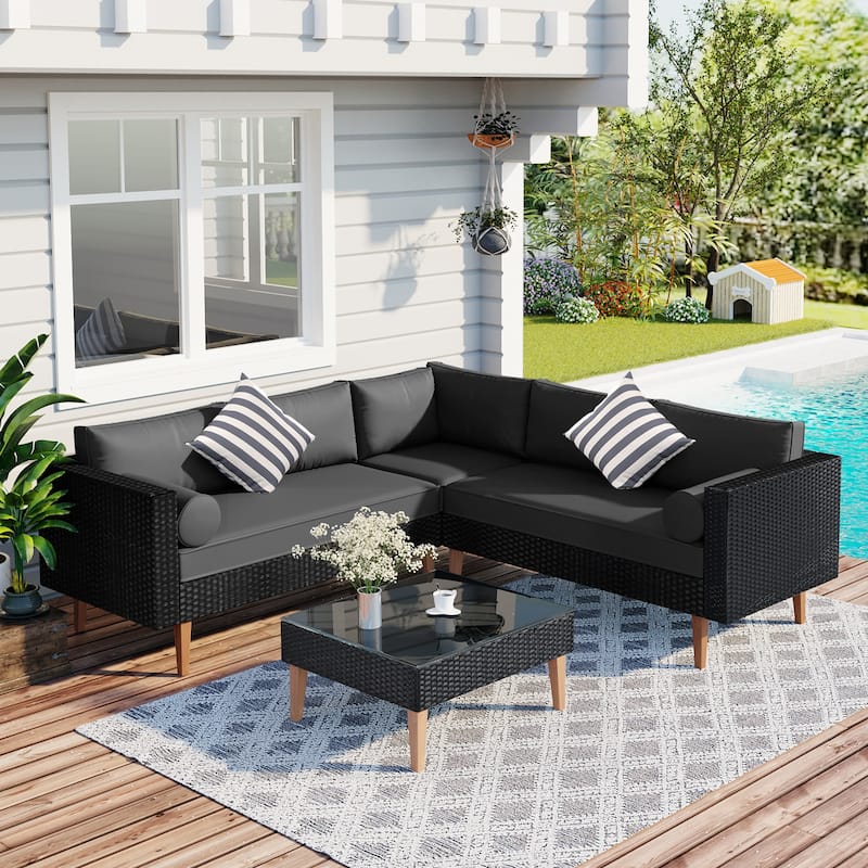 Roomfitters 4-Piece Outdoor Sectional Sofa Set with Glass Coffee Table, Tapered Wood Legs Rattan Furniture, Black+Gray - Black+ Gray