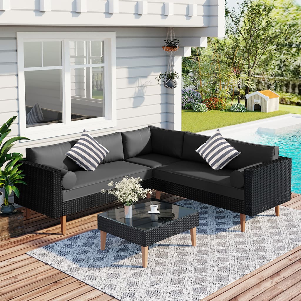 Roomfitters 4-Piece Outdoor Sectional Sofa Set with Glass Coffee Table, Tapered Wood Legs Rattan Furniture, Black+Gray