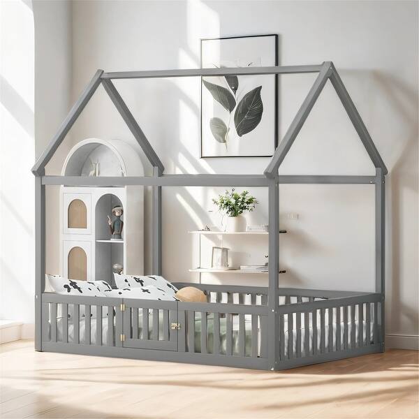 slide 2 of 12, Full Size Wood House Bed with Fence and Door, Gray Grey