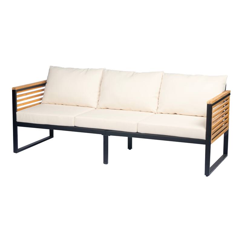 Wood Outdoor Sectional Sofa Set with Water-Resistant Cushions, 3-Seater Patio Sofa with Ottoman and Table