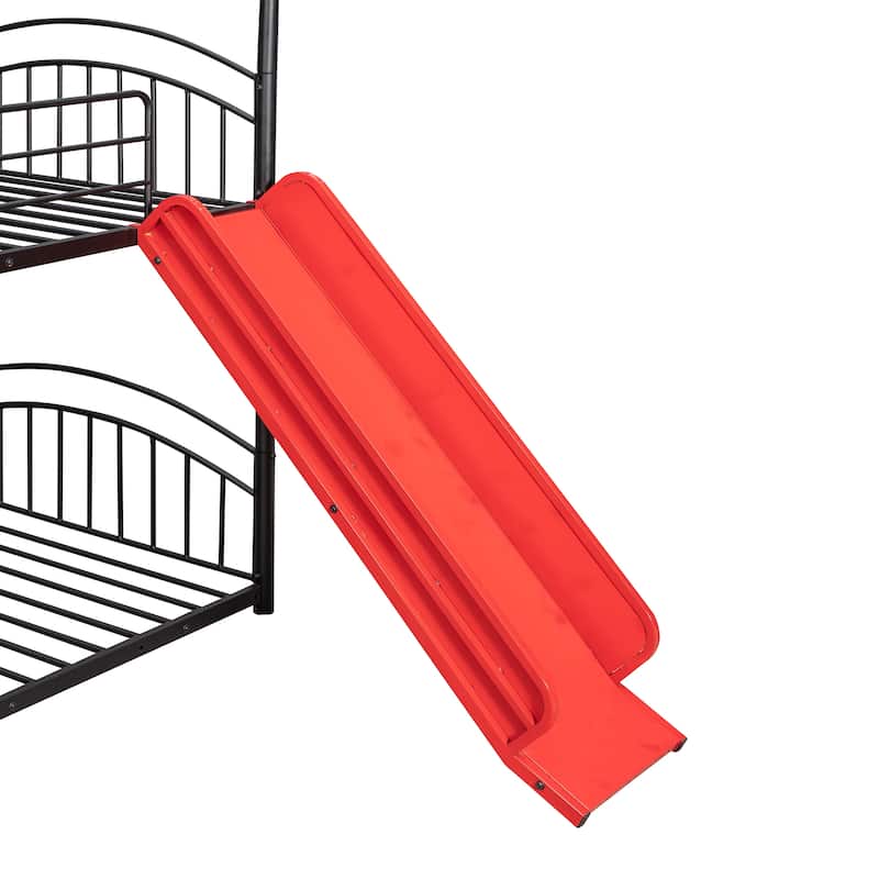 Twin over Twin Size Metal Bunk Bed With Slide, Roof, Fence and Ladder for Bedroom