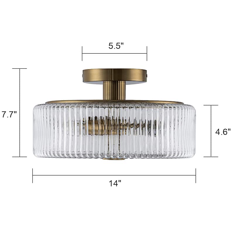3-Light Modern Gold Dome Semi Flush Mount Lights with Ribbed Glass Shape - Brass