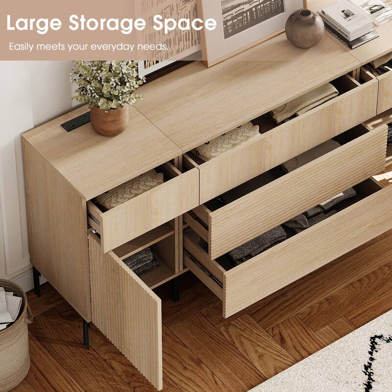 94.5" Wooden Reeded Sideboard With Built-In Charging Station, 4-In-1 Modern Credenza