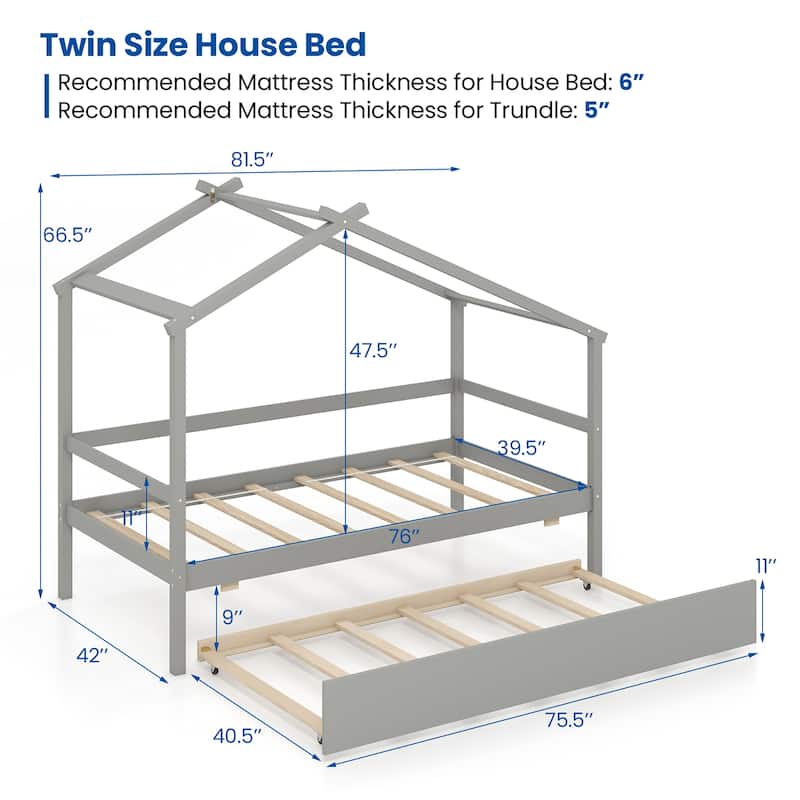 Gymax Twin House Bed w/ Trundle w/ Roof & Fence Rails Wooden Platform