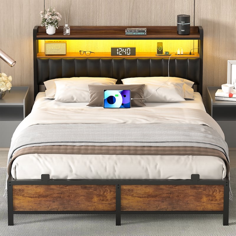 Platform Bed Frame with Upholstered Storage Headboard, Full/ Queen/ King Beds with Charge Station and LED Lights - Rustic Brown - Queen