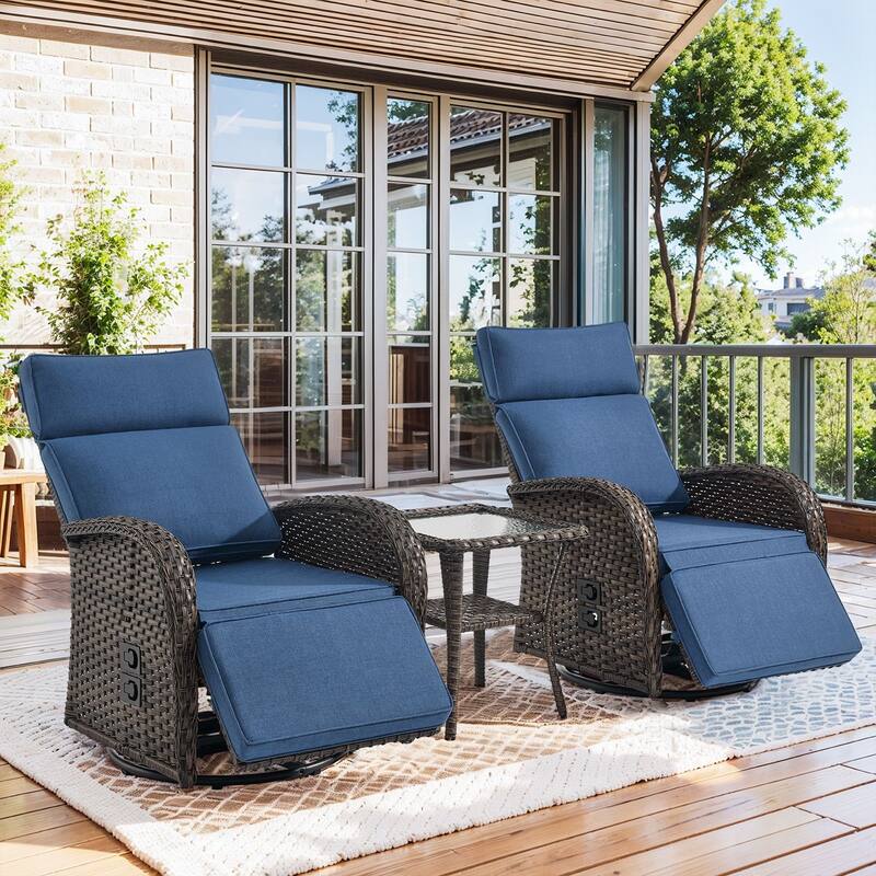 Pocassy Reclining Patio Chair with Adjustable Backrest - Blue Cushion - 2 Swivel Chairs with Table