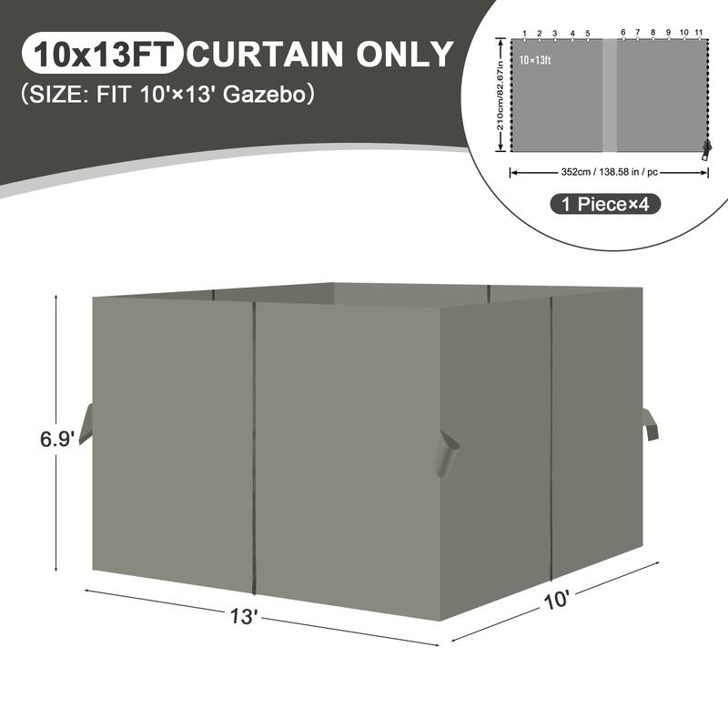 Aoodor Gazebo Curtain Replacement - Universal 4-Panel Sidewalls 10' x 13', Curtain Only