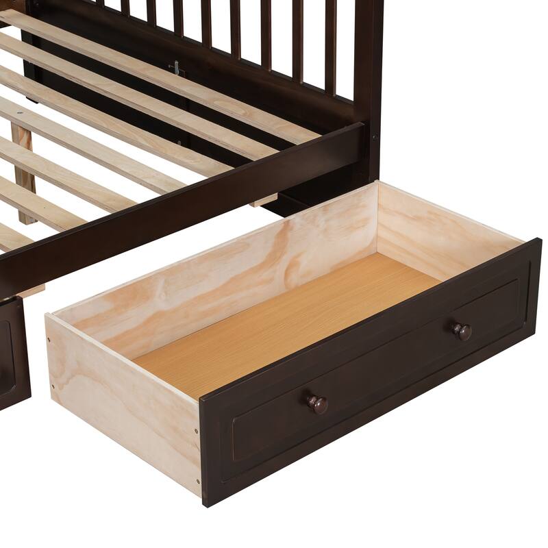 Twin over Full Bunk Bed with Fence Guardrails, Drawers, and Convertible Design