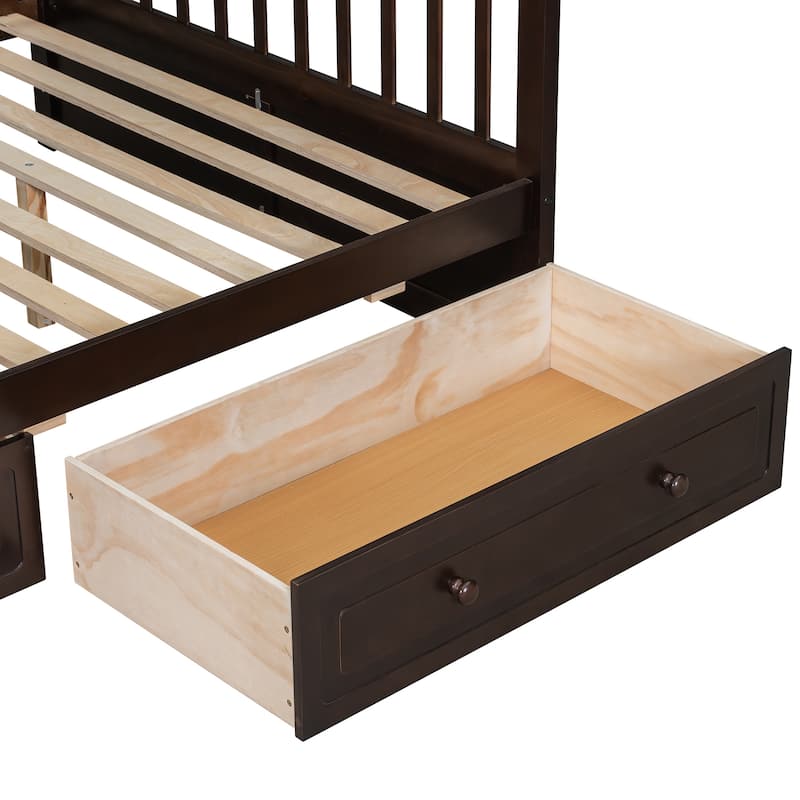 Wooden Twin over Full Bunk Bed with 2 Drawers, Detachable into 2 Beds, Solid Pine Wood Bunk Bed Frame with Fence Guardrail