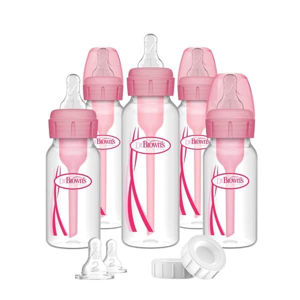 slide 1 of 1, Dr. Brown's Anti-Colic Options+ Narrow Baby Bottle Feeding Set for Newborn, Pink
