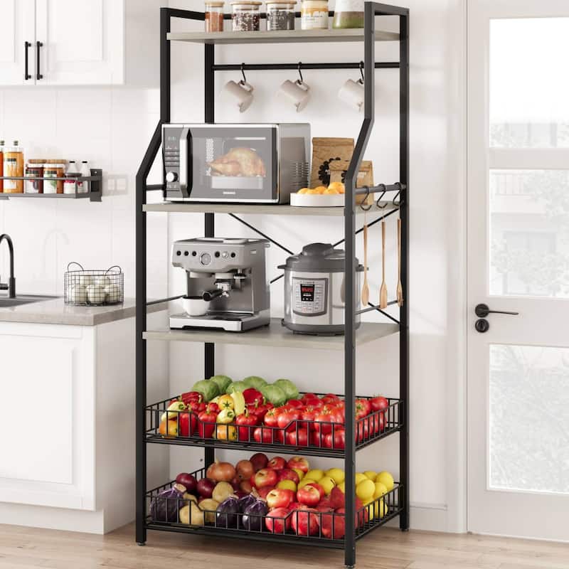 5-Tier Kitchen Bakers Rack with 2 Large Wire Baskets - Grey