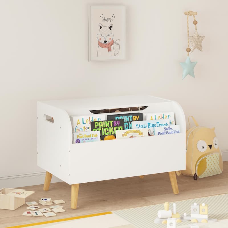 Wooden Toy Box, Kids Toy Storage Organizer with Front Bookshelf, Flip-Top Lid, Safety Hinge, Boys Girls Toy Chest Bench