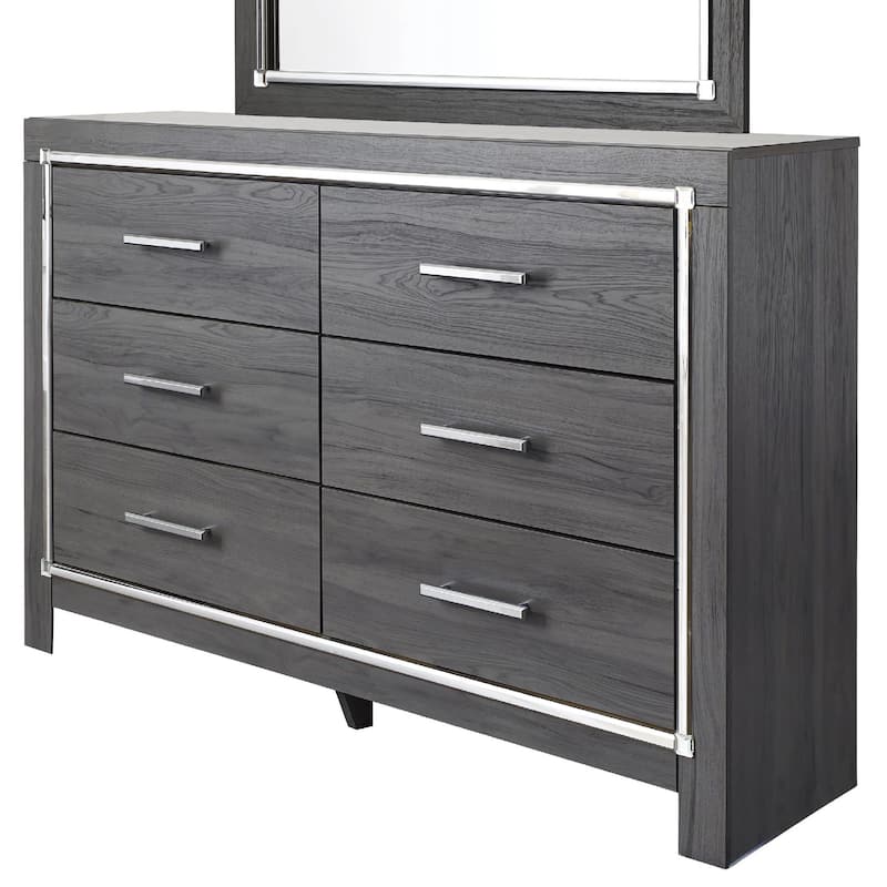Leva 2pc Dresser and Mirror Set, 6 Drawers w Chrome Handles, Dark Gray