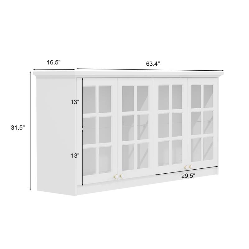 White Wall Cabinet with Glass Panel Doors, 4-Door Hanging Storage Unit for Kitchen, Coffee Bar, Laundry Bookshelves