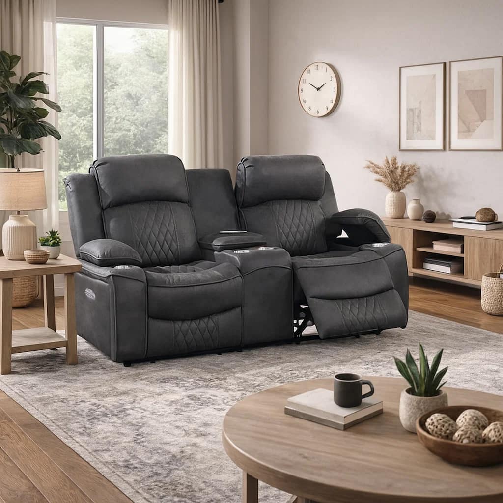 Seda 71 Inch Power Reclining Loveseat, Storage Console, Gray Faux Leather