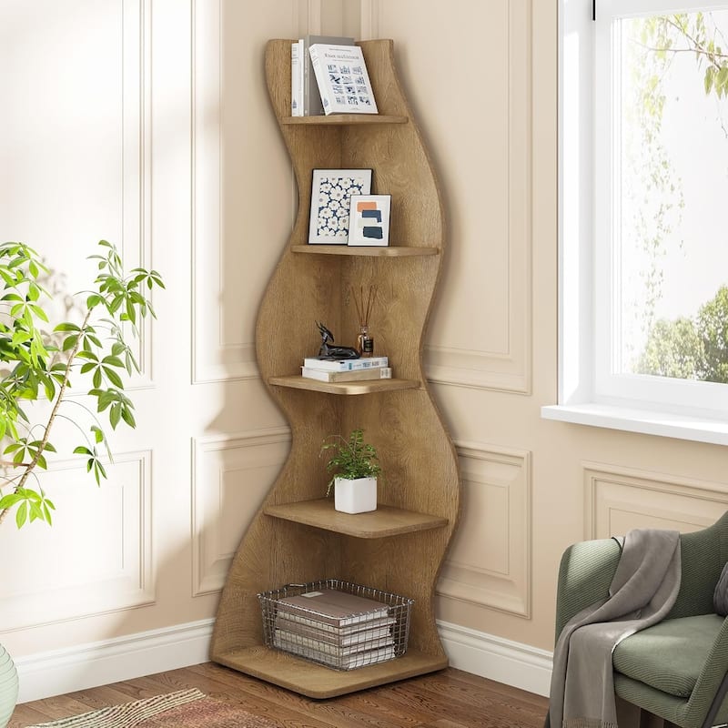 Corner Shelf Bookcase Bookshelf with Unique Shape for Living Room, Home Office