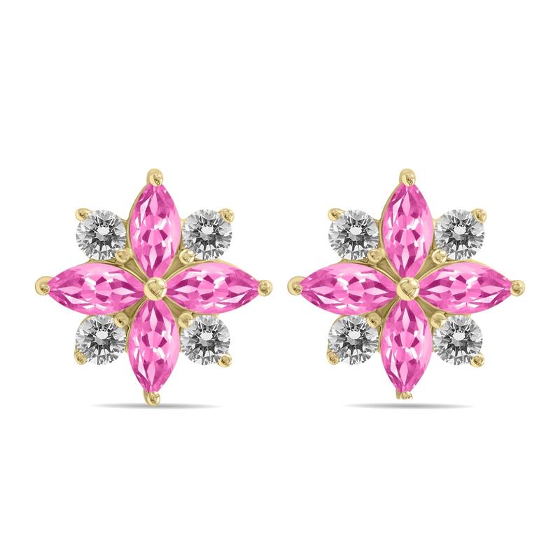 Marquee 1 Carat TW Pink Topaz and Diamond Flower Earrings in 10K Yellow Gold
