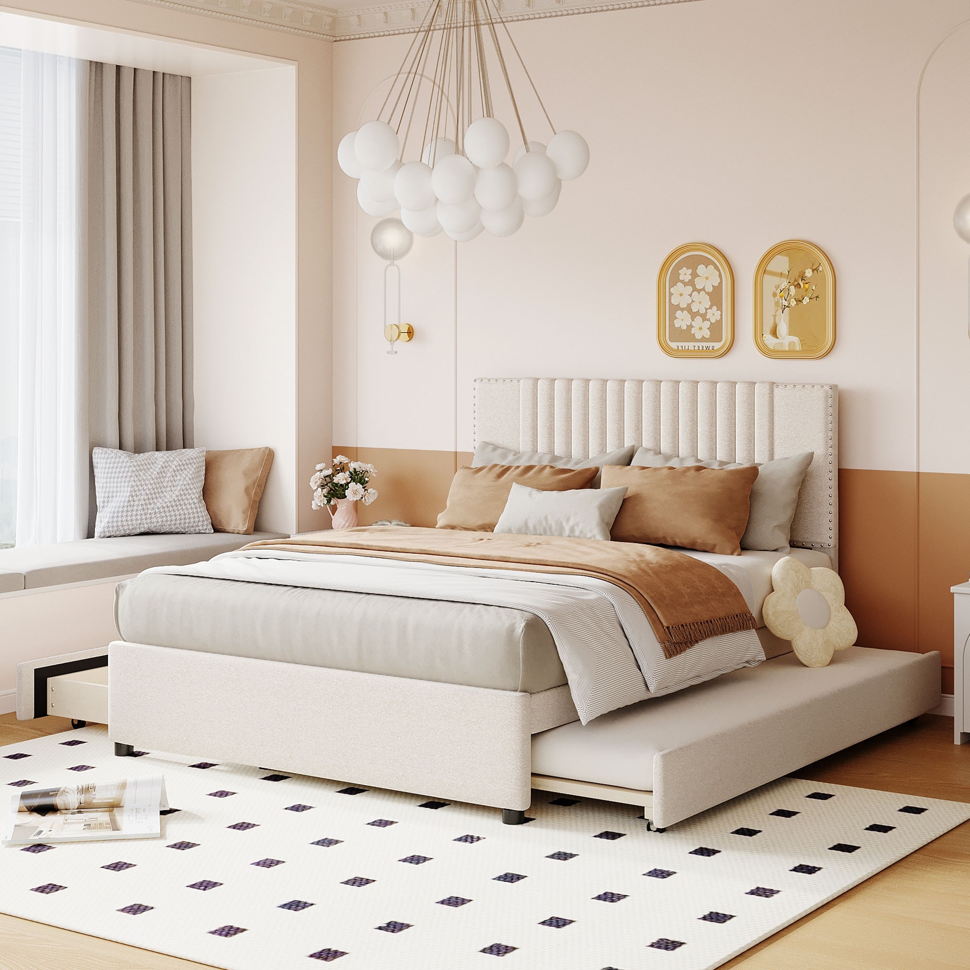 Full Size Beige Upholstered Platform Bed with 2 Drawers and Twin Size Trundle