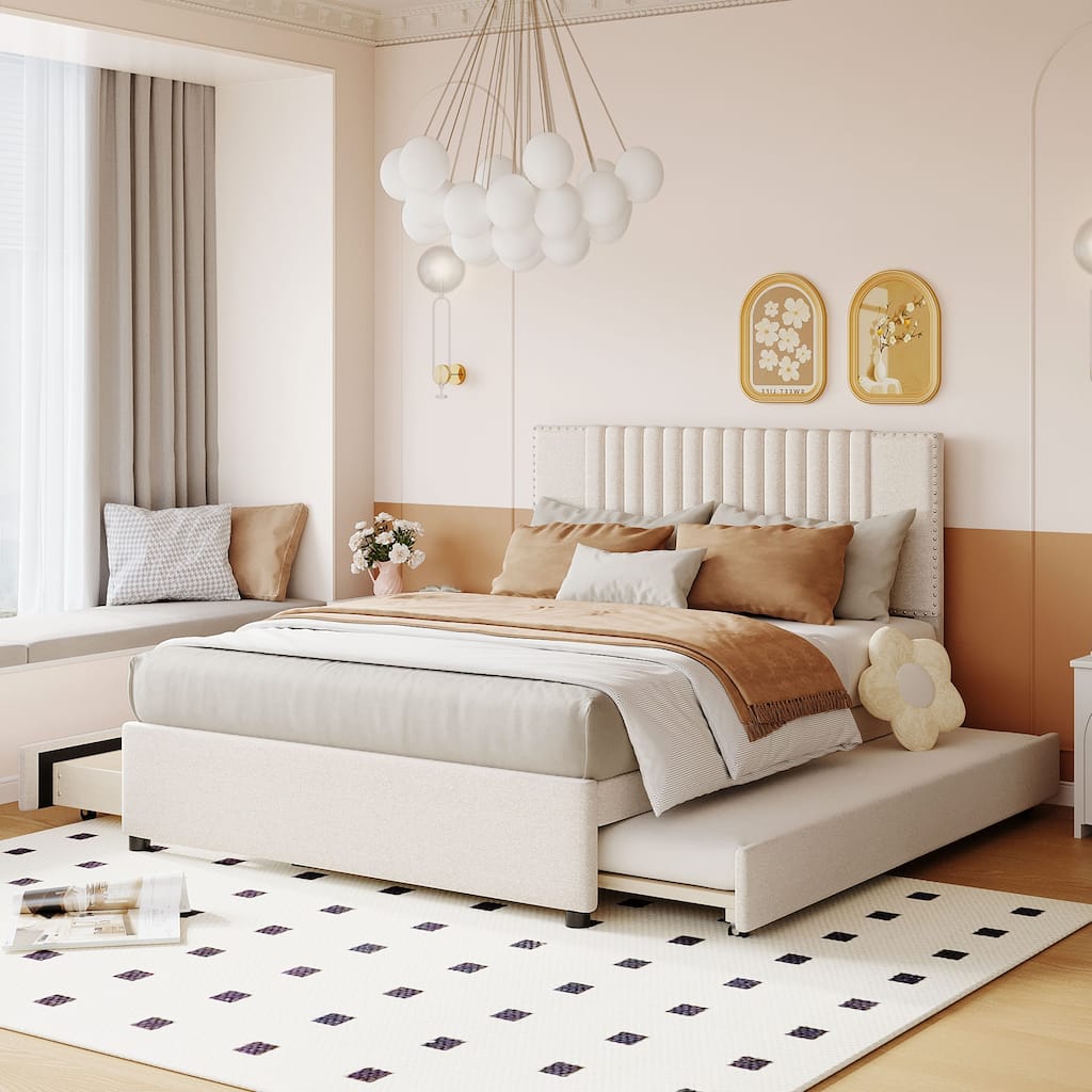 Full Size Beige Upholstered Platform Bed with 2 Drawers and Twin Size Trundle