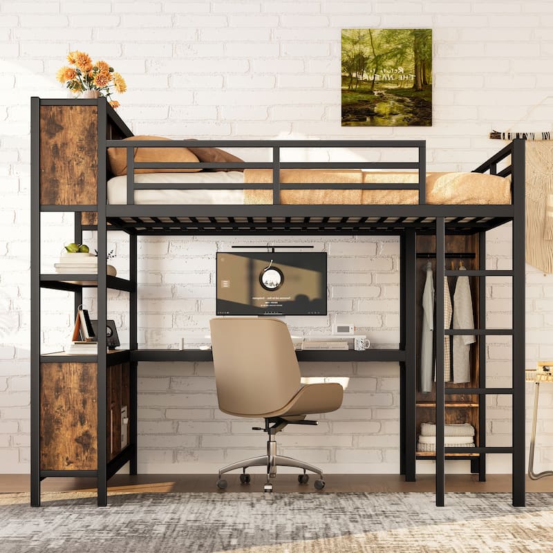 Queen Size Metal Loft Bed with Wardrobe, L-shaped Desk, and Storage Shelves