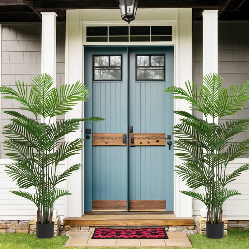 6FT Artificial Palm Tree Set of 2, Fake Tropical Palm Tree in Pot, Faux Dypsis Lutescens Plant with Realistic Leaves - Green