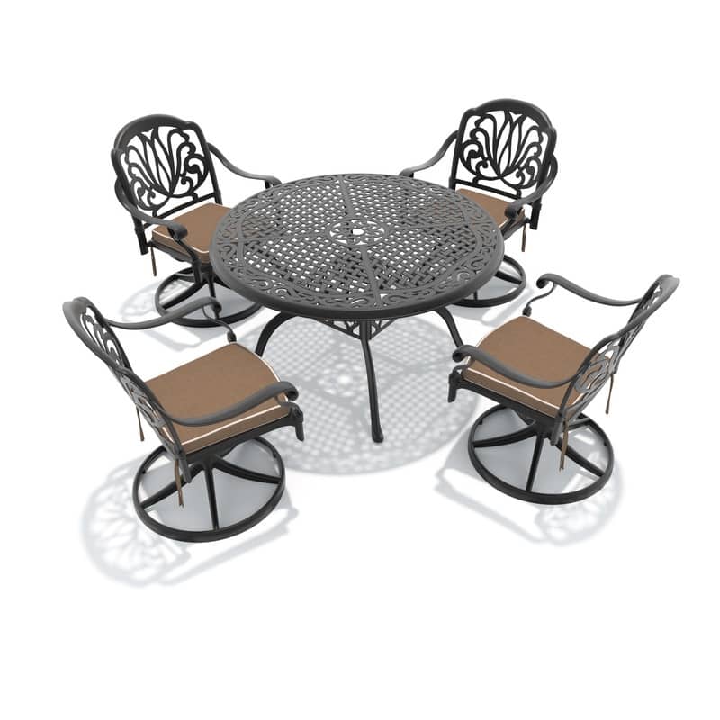 5-Piece Aluminum Round Outdoor Patio Dining Set, 4 Cushioned Swivel Chairs, Table, All-Weather Frames