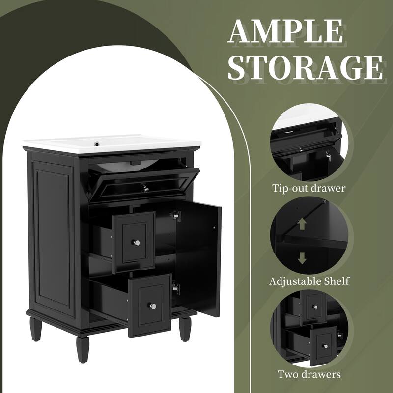 Roomfitters 24" Bathroom Vanity with Sink, Solid Wood Frame, Flip Drawer, 2 Side Drawers & Adjustable Shelf