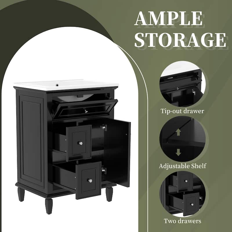 Rossetta Modern Wooden Convenient Flip Drawer Design Freestanding Bathroom Vanity Cabinet with Adjustable Shelf, Easy Assembly