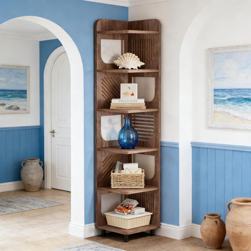 5-Tier Corner Bookshelf, Tall Brown Bookcase with Metal Legs, Right-Angle Space-Saving Storage Shelf
