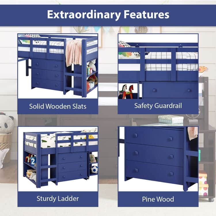 Twin Size Loft Bed with Desk Low Study Kids Twin Loft Bed with Storage Pine Wood Loft Bed for Kids Twin Loft Bed with Cabinet