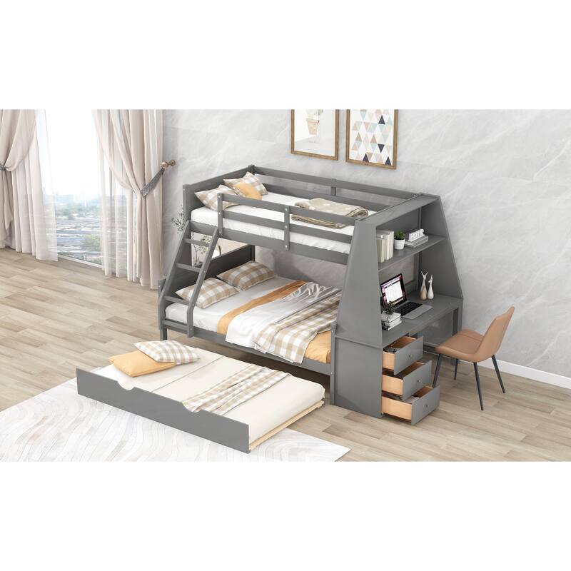Twin over Full Bunk Bed with Trundle, Built-in Desk, Drawers, and Shelf, Gray