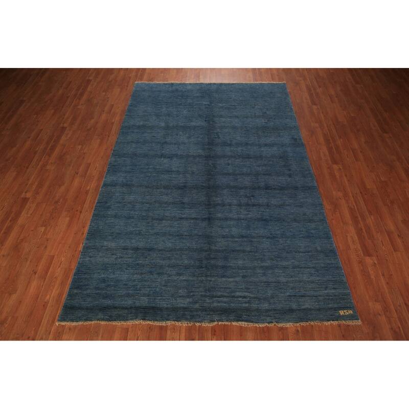 Modern Gabbeh Area Rug Hand-Knotted Oriental Blue Wool Carpet - 6'7" x 9'10"