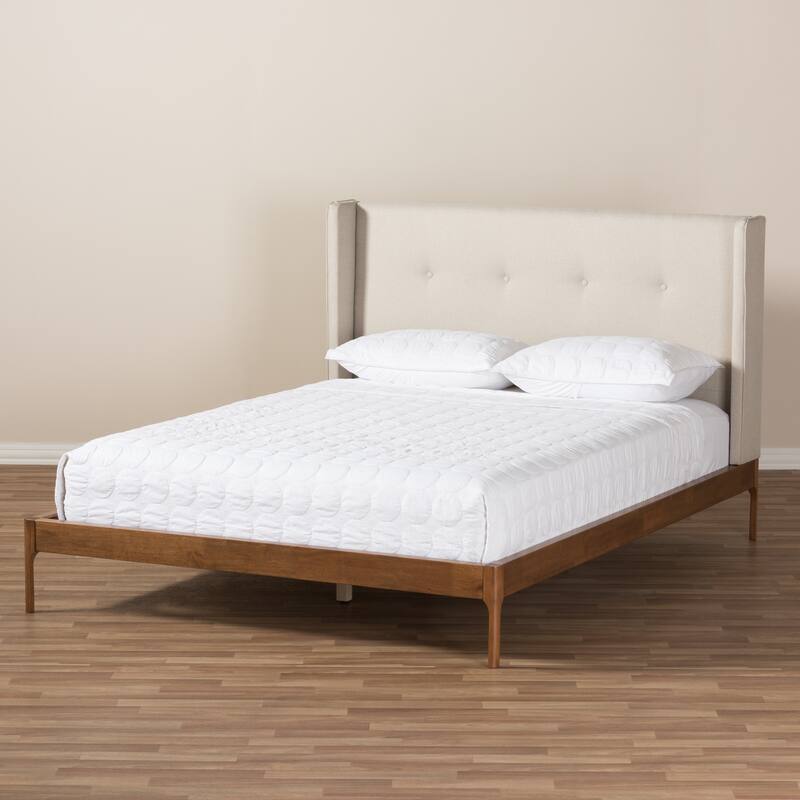 King Size Platform Bed Walnut Wood & Beige Fabric Headboard, Modern Bedroom Furniture