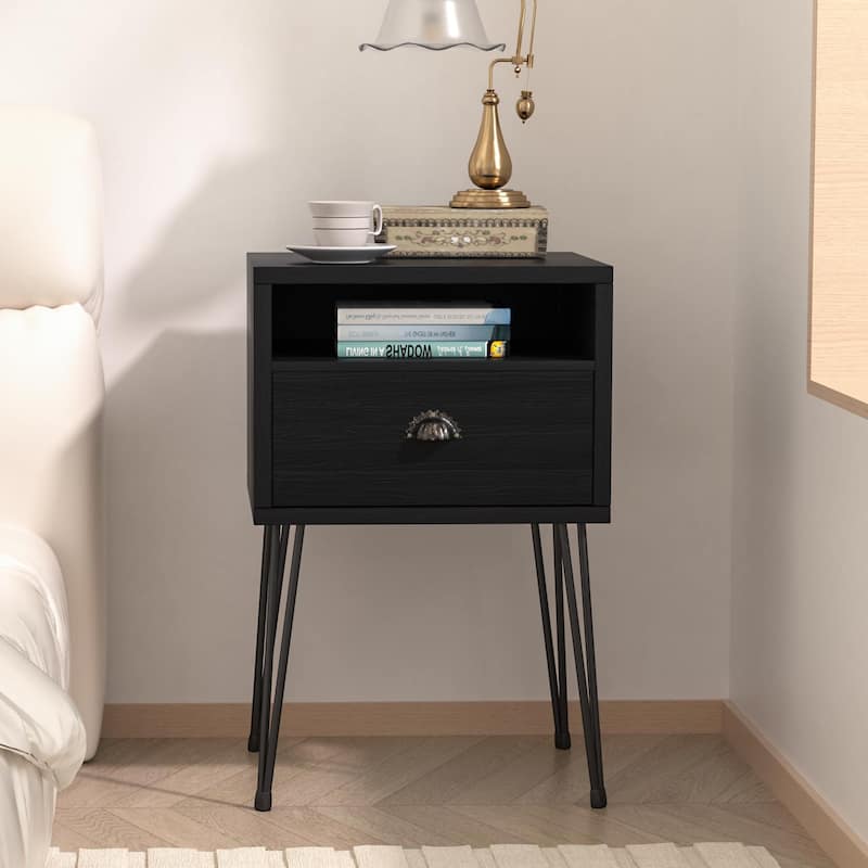 Modern Mid Century 1-Drawer Hairpin Nightstands, Brown/Blue/Black/Yellow, Four Options