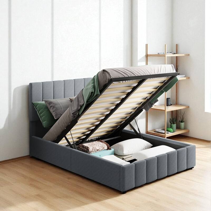 Full/Queen Upholstered Platform Bed with Hydraulic Lift Storage, Linen Headboard and Slats
