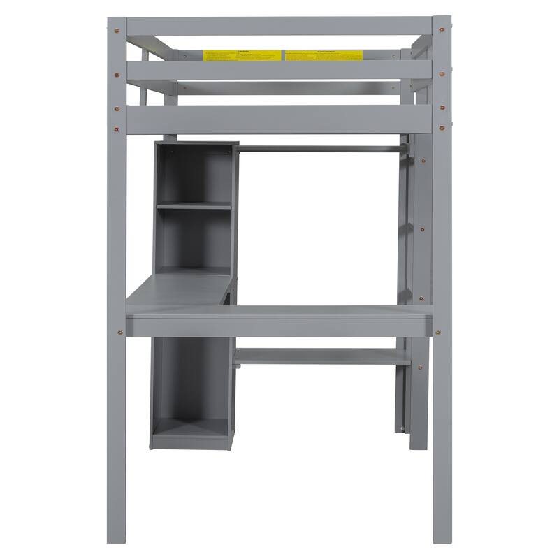 Solid Wood Loft Bed with L-shaped Desk & Storage