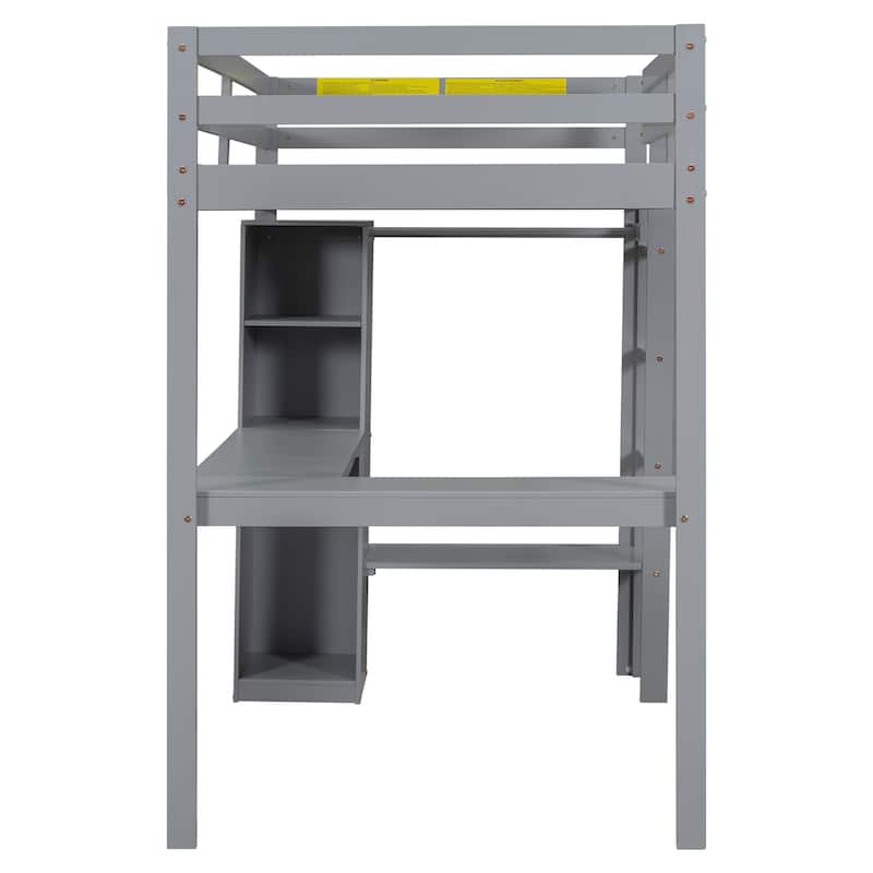 Solid Wood Loft Bed with L-shaped Desk and Storage Shelves