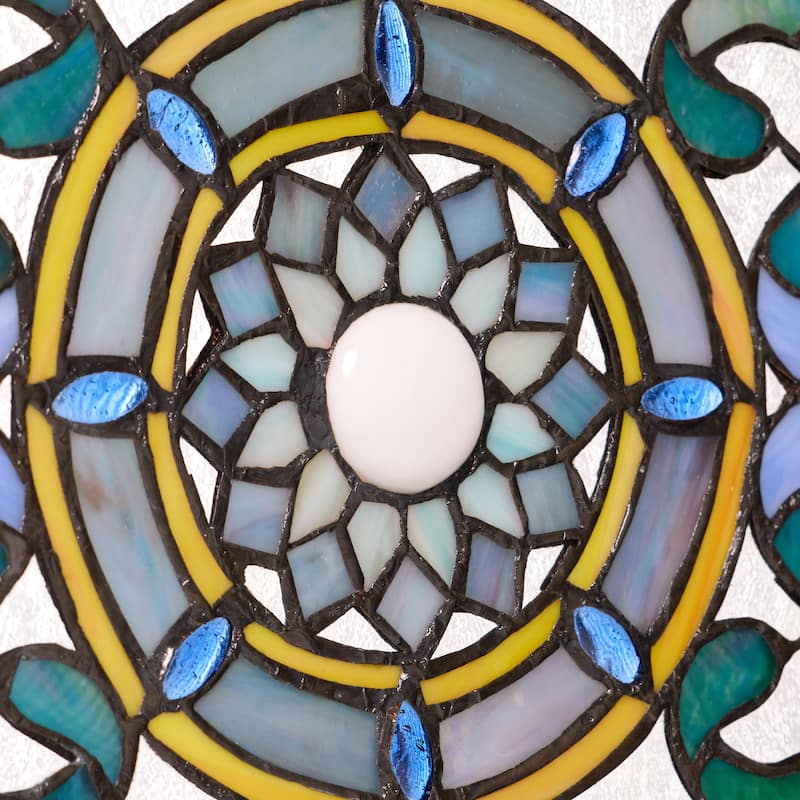 Flourished and Flowers River of Goods Shades of Blue Stained Glass Window Panel - 24" x 0.25" x 8.5"