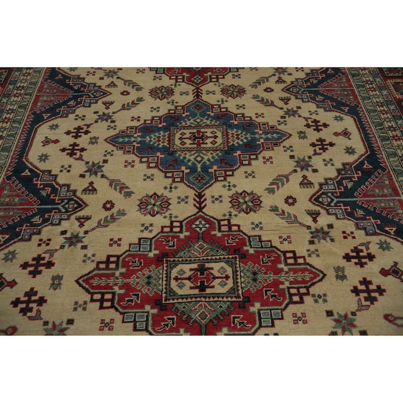 Hand Knotted Oriental 100% Wool Carpet Traditional Geometric Beige & Ivories Kazak Area Rug - 9' 10'' X 8' 4''