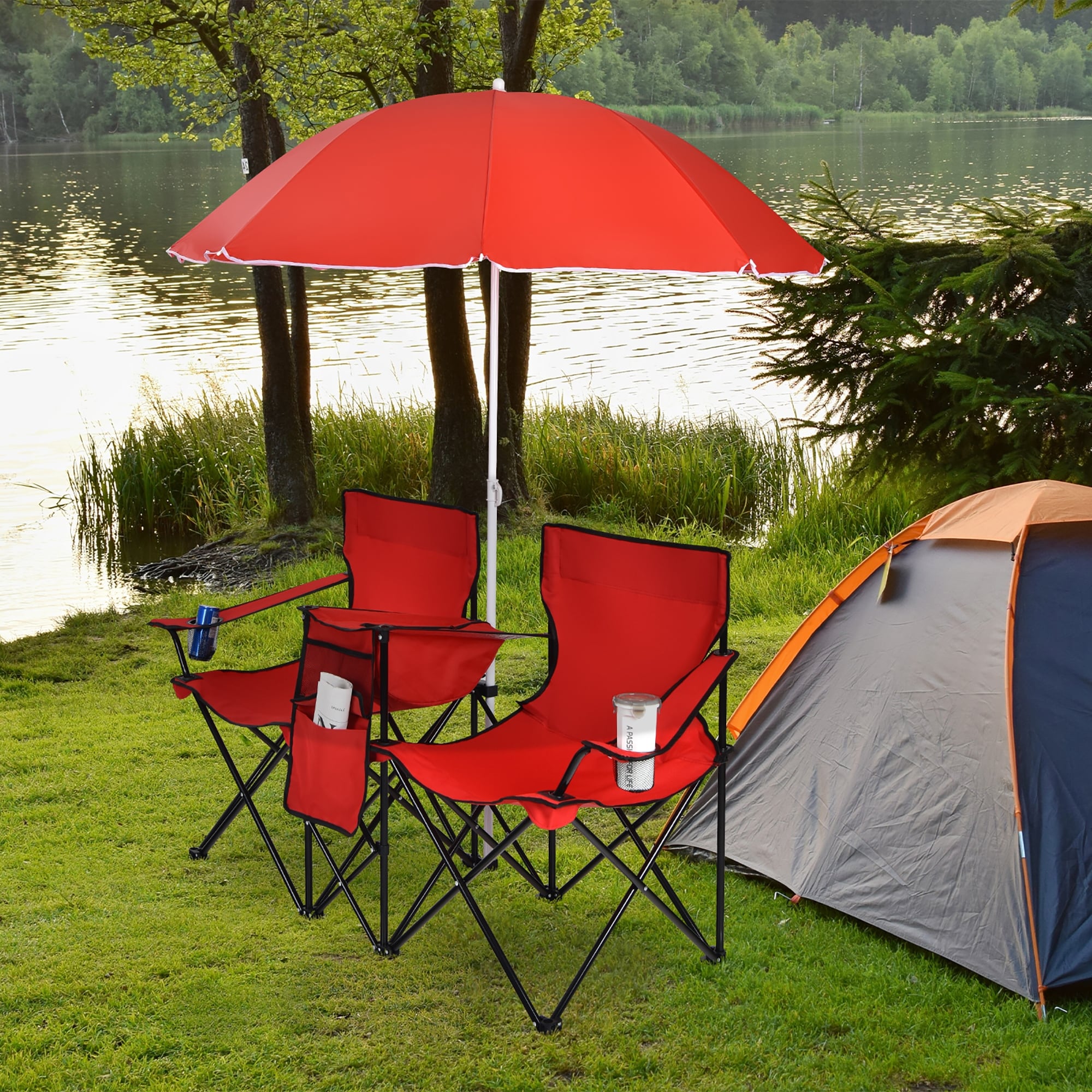 double patio chair with umbrella Outvita Folding Camping w/Umbrella, Cooler for Beach L mini table with cooler bag Sun Lounger Lounge Chair Umbrella