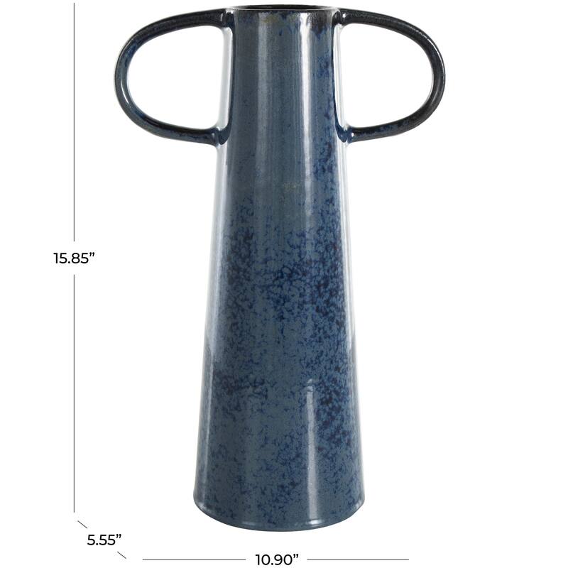 Dark Blue Ceramic Textured Cone Decorative Vase with Curved Handles