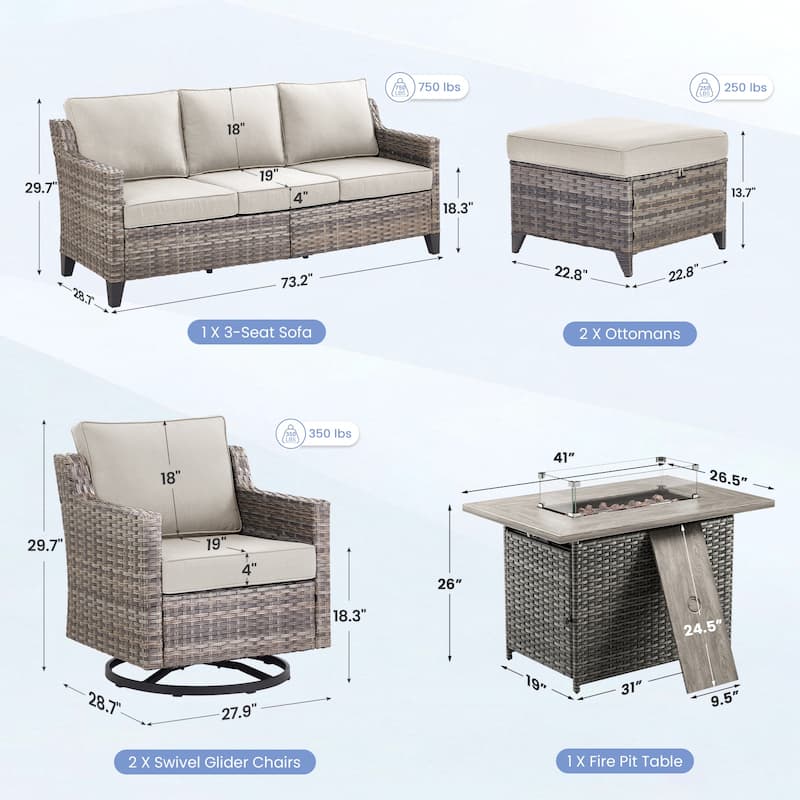 Pocassy Outdoor Swivel Chair with Sofa with Fire Pit Table