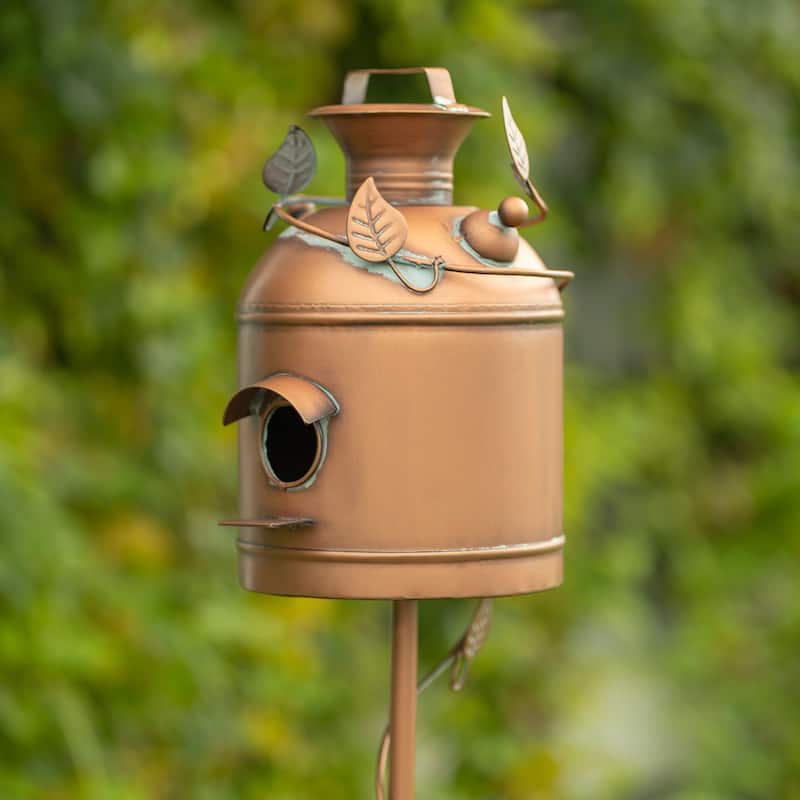 63" Tall Old Style Milk Can Birdhouse Garden Stake in Antique Copper - Gold