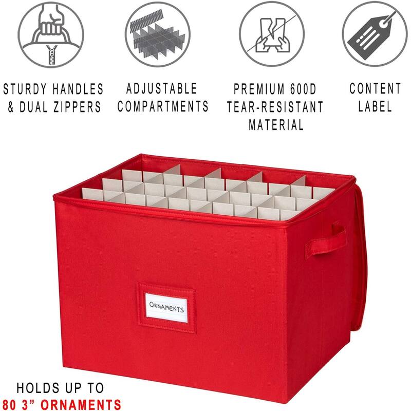 Xmas Ornament Storage Container with Dividers Fits Up to 80-3" Ornaments, Durable 600D, Grey