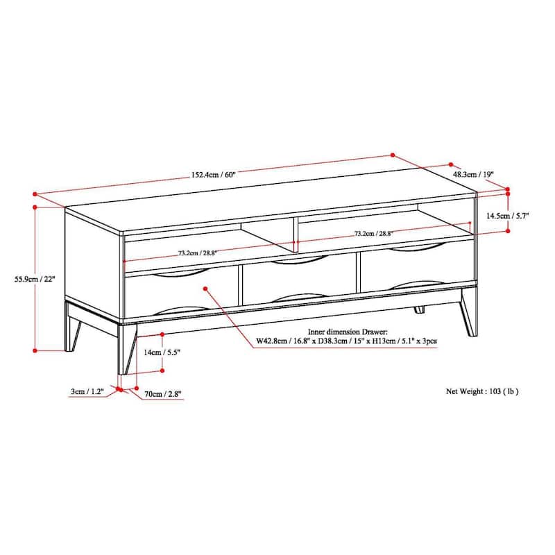 WYNDENHALL Pearson SOLID HARDWOOD 60 inch Wide Mid Century Modern TV Media Stand For TVs upto 65 inches - 60"w x 19"d x 22" h