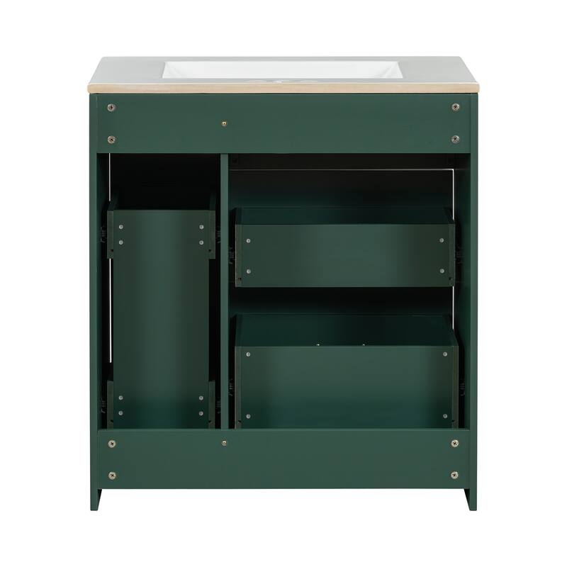 30" Freestanding Black Bathroom Vanity with Three Drawers, Premium Ceramic Basin, Overflow Protection