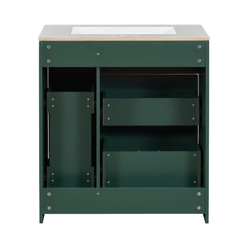 Classic Floor Storage Cabinet Freestanding Vanity for Bathroom with Side Double Layer Drawer, 2 Drawers and Gold Handles
