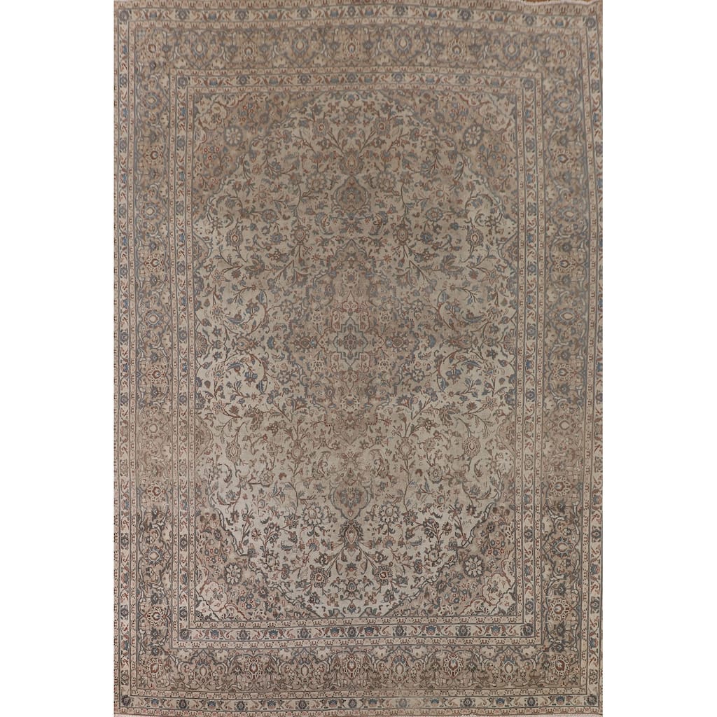 Beige Traditional Mashad Persian Vintage Rug Handmade Wool Carpet - 9'8"x 12'8"